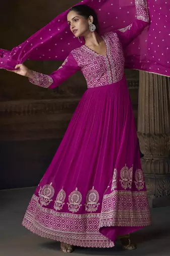 Magenta embroidered georgette semi-sttich wedding wear gown style with dupatta