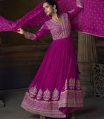 Magenta embroidered georgette semi-sttich wedding wear gown style with dupatta