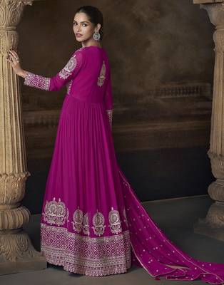 Magenta embroidered georgette semi-sttich wedding wear gown style with dupatta 2