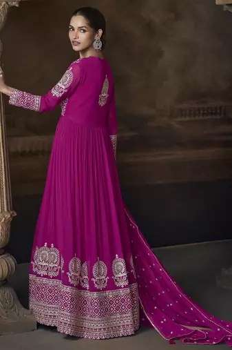 Magenta embroidered georgette semi-sttich wedding wear gown style with dupatta