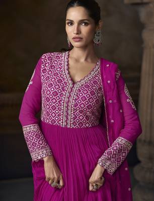 Magenta embroidered georgette semi-sttich wedding wear gown style with dupatta 3