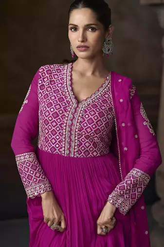 Magenta embroidered georgette semi-sttich wedding wear gown style with dupatta