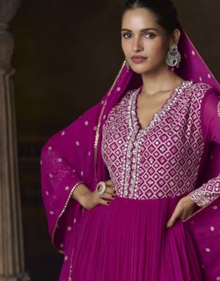 Magenta embroidered georgette semi-sttich wedding wear gown style with dupatta 4