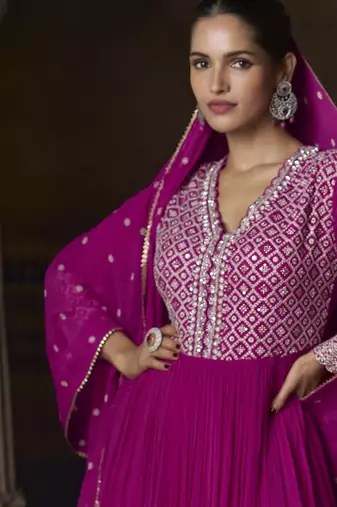 Magenta embroidered georgette semi-sttich wedding wear gown style with dupatta