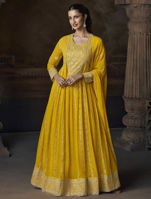 Yellow embroidered georgette semi-sttich wedding wear gown style with dupatta 1