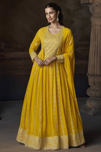 Yellow embroidered georgette semi-sttich wedding wear gown style with dupatta