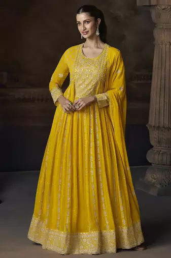 Yellow embroidered georgette semi-sttich wedding wear gown style with dupatta