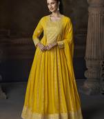 Yellow embroidered georgette semi-sttich wedding wear gown style with dupatta