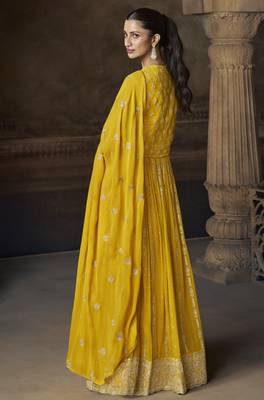 Yellow embroidered georgette semi-sttich wedding wear gown style with dupatta 2