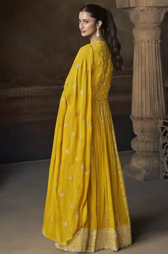 Yellow embroidered georgette semi-sttich wedding wear gown style with dupatta
