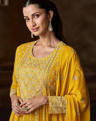 Yellow embroidered georgette semi-sttich wedding wear gown style with dupatta 3