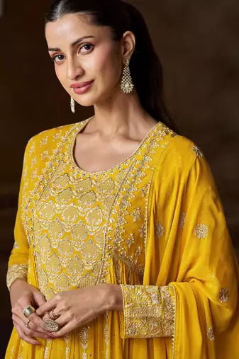 Yellow embroidered georgette semi-sttich wedding wear gown style with dupatta