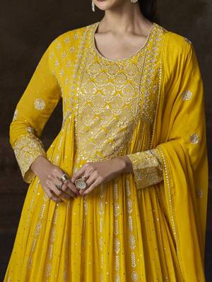 Yellow embroidered georgette semi-sttich wedding wear gown style with dupatta 4
