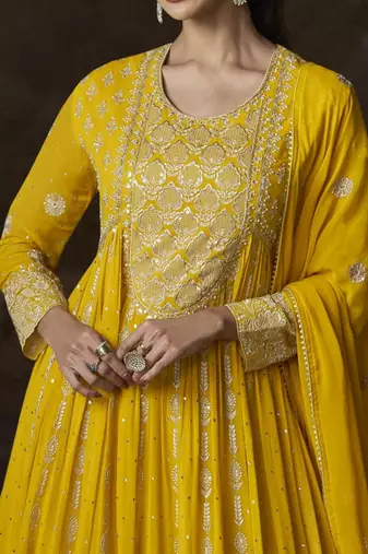 Yellow embroidered georgette semi-sttich wedding wear gown style with dupatta