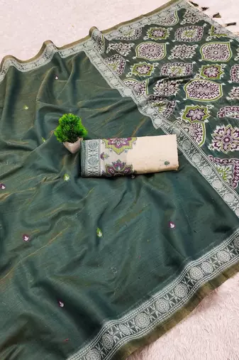 Women's bottle green printed cotton saree with unstiched blouse piece