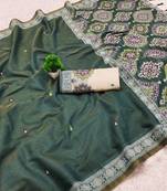 bottle green printed cotton saree with blouse piece