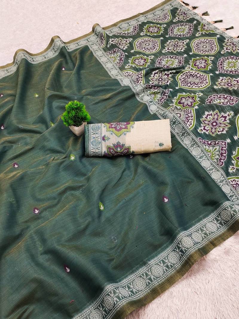 Women's bottle green printed cotton saree with unstiched blouse piece