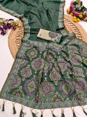 bottle green printed cotton saree with blouse piece 1