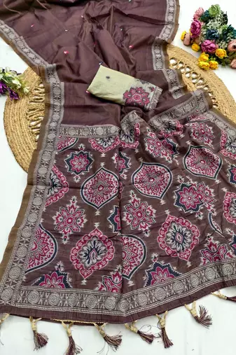 Women's brown printed cotton saree with unstiched blouse piece