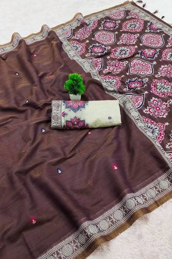 Women's brown printed cotton saree with unstiched blouse piece