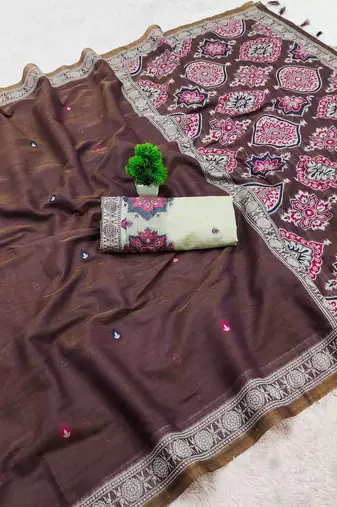 Women's brown printed cotton saree with unstiched blouse piece