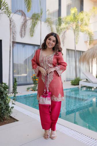 Peach viscose sequins & coding zari embroidered kurta with pant and designer batwa