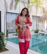 Peach viscose sequins & coding zari embroidered kurta with pant and designer batwa