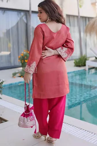 Peach viscose sequins & coding zari embroidered kurta with pant and designer batwa