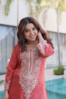Peach viscose sequins & coding zari embroidered kurta with pant and designer batwa 3