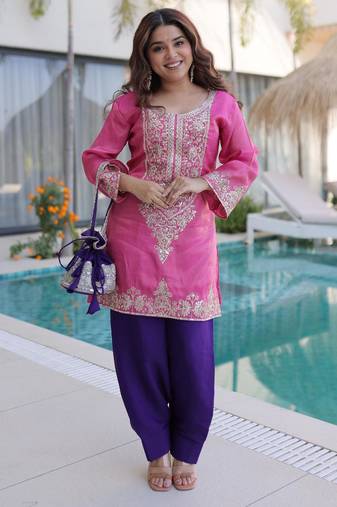 Pink viscose sequins & coding zari embroidered kurta with pant and designer batwa