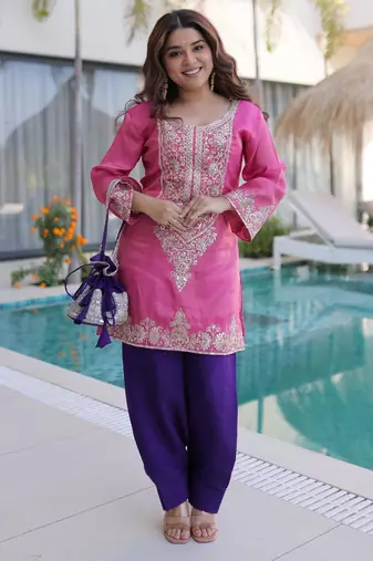 Pink viscose sequins & coding zari embroidered kurta with pant and designer batwa