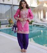 Pink viscose sequins & coding zari embroidered kurta with pant and designer batwa