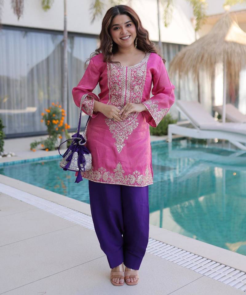 Pink viscose sequins & coding zari embroidered kurta with pant and designer batwa