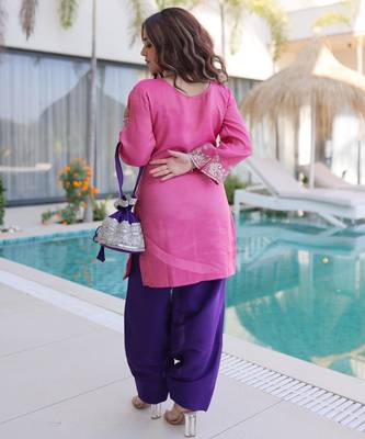 Pink viscose sequins & coding zari embroidered kurta with pant and designer batwa 2