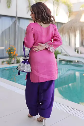Pink viscose sequins & coding zari embroidered kurta with pant and designer batwa