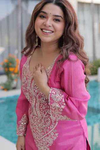 Pink viscose sequins & coding zari embroidered kurta with pant and designer batwa