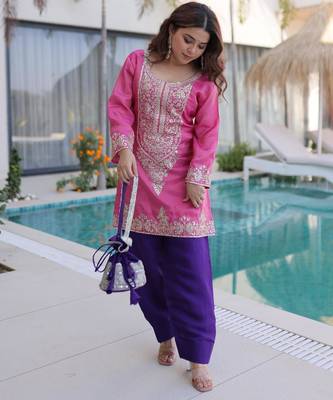 Pink viscose sequins & coding zari embroidered kurta with pant and designer batwa 4