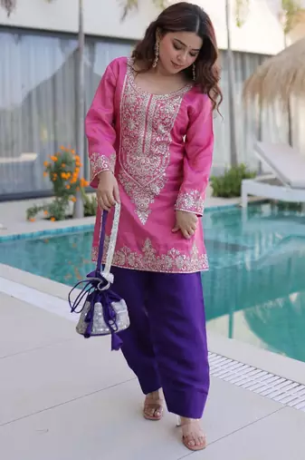 Pink viscose sequins & coding zari embroidered kurta with pant and designer batwa