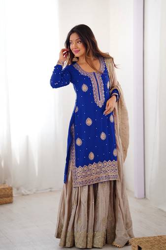 royal blue & beige designer sharara suit