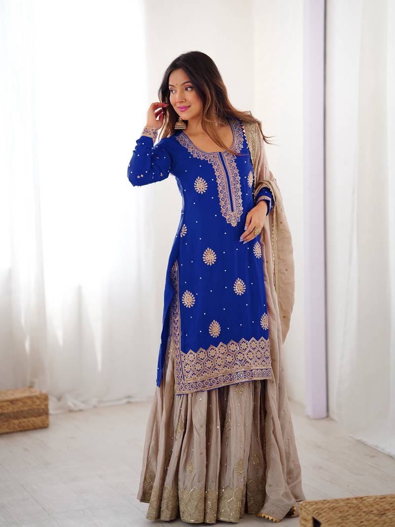royal blue & beige designer sharara suit