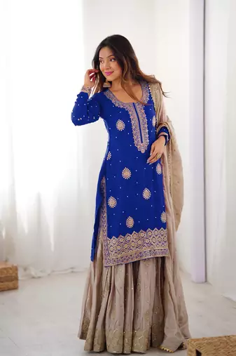 royal blue & beige designer sharara suit