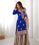 royal blue & beige designer sharara suit