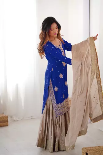 royal blue & beige designer sharara suit