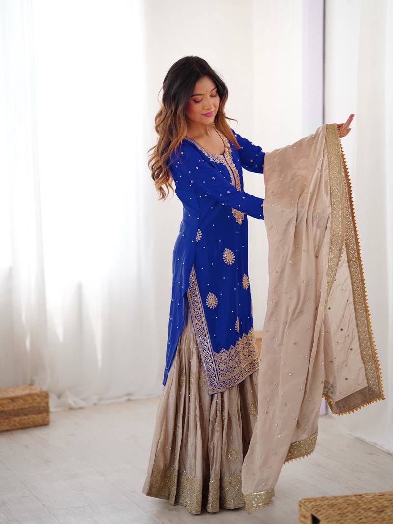 royal blue & beige designer sharara suit