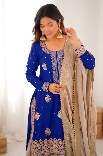 royal blue & beige designer sharara suit