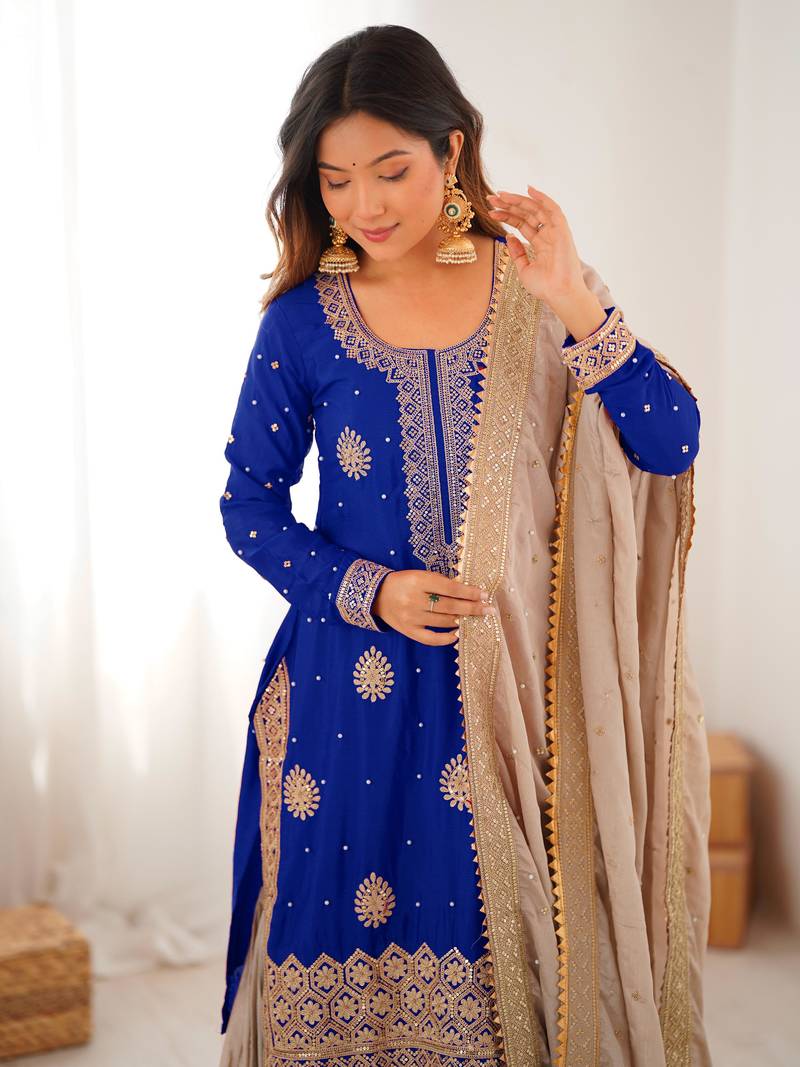 royal blue & beige designer sharara suit