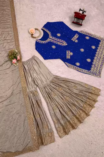 royal blue & beige designer sharara suit