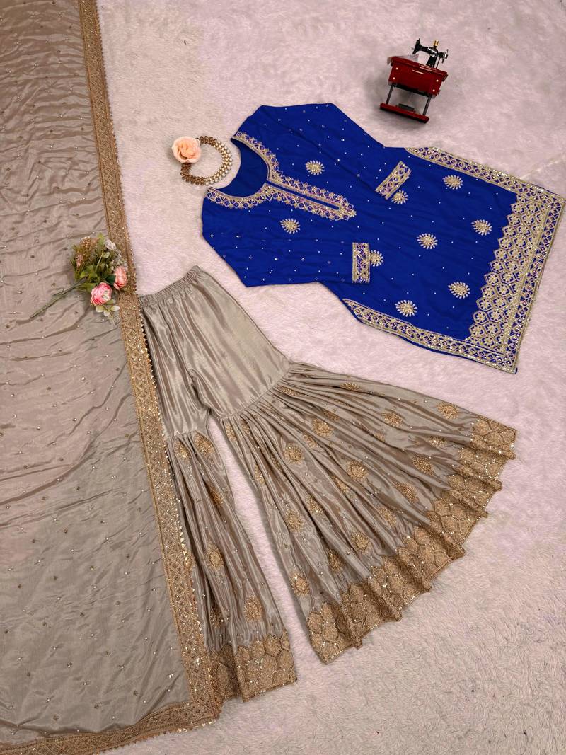 royal blue & beige designer sharara suit
