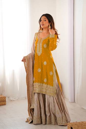 yellow & beige designer sharara suit