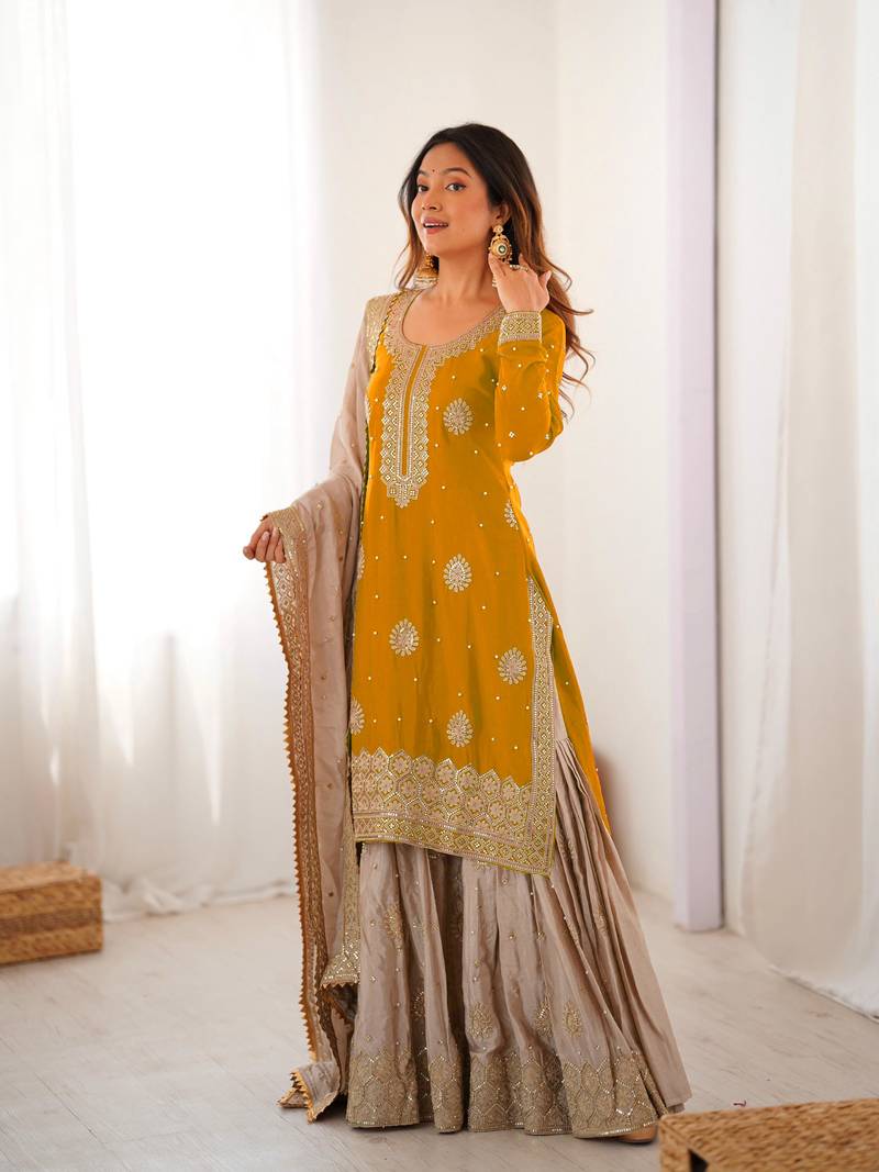 yellow & beige designer sharara suit